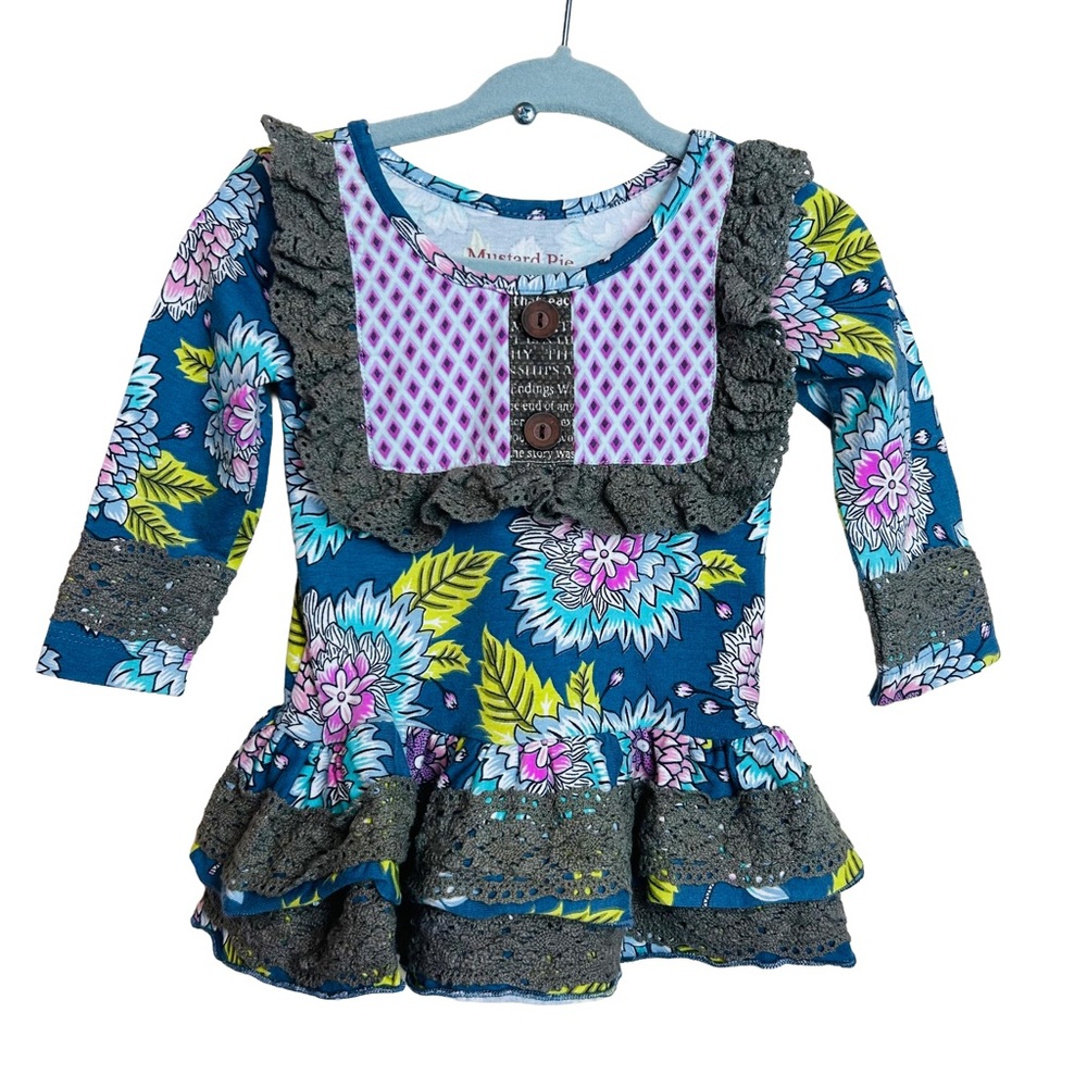 Mustard Pie 6M Floral Ruffle Boutique Dress Gray Lace Trim